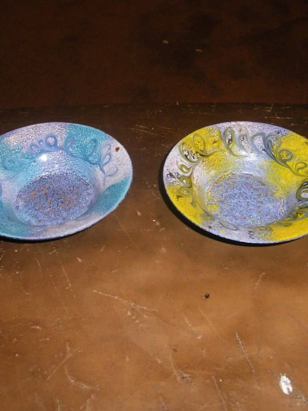 2 Hand Painted Funky Metal Candle Holder Saucer Bowls